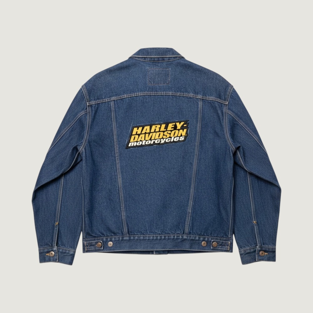 Levi‎ Strauss Signature Mens Blue Denim Harley Davidson Patch Trucker Jacket L